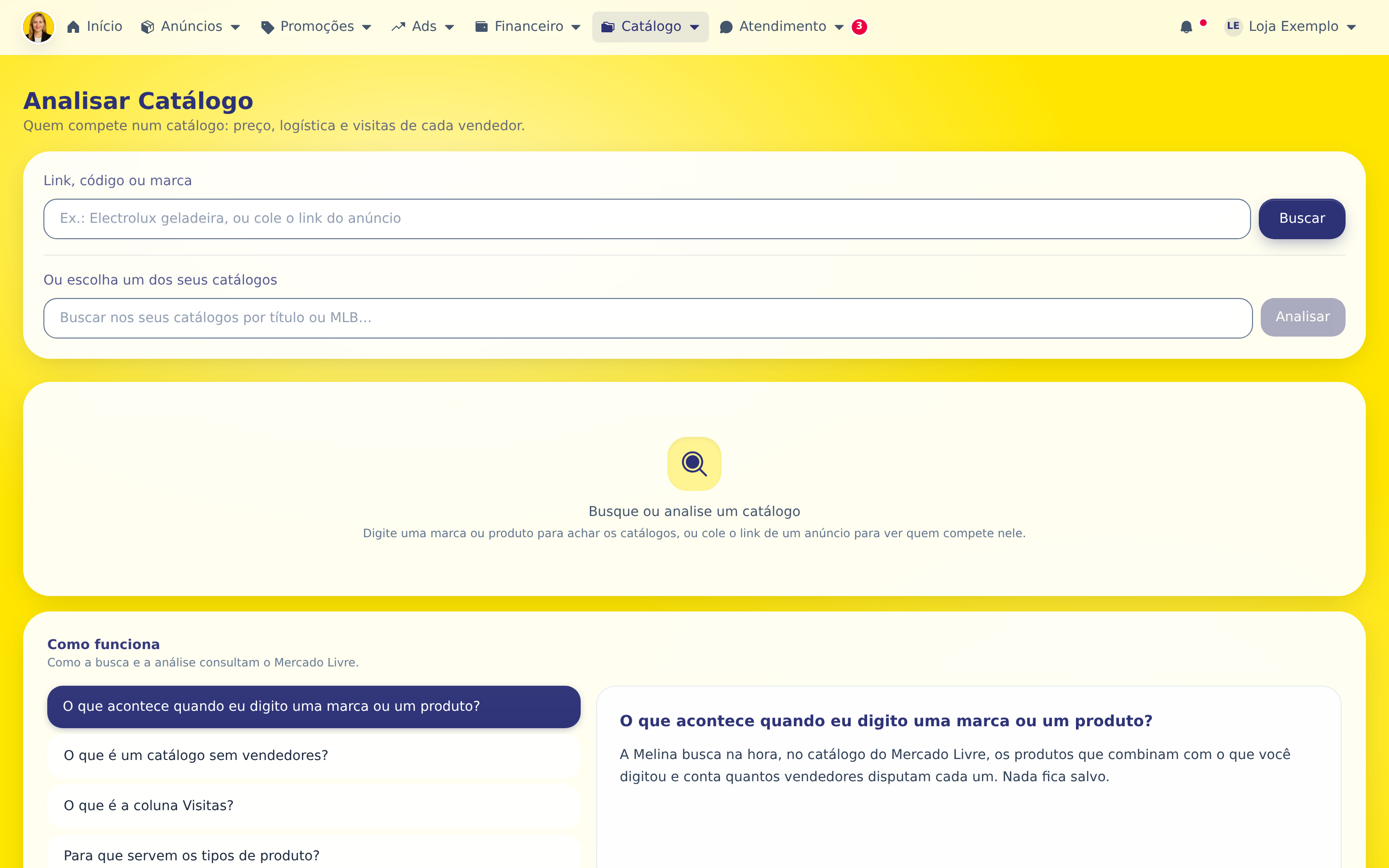 Passo 1: Três caminhos: digitar uma marca ou produto, colar a URL ou o MLB de um catálogo, ou escolher um dos seus anúncios de catálogo pela busca.
