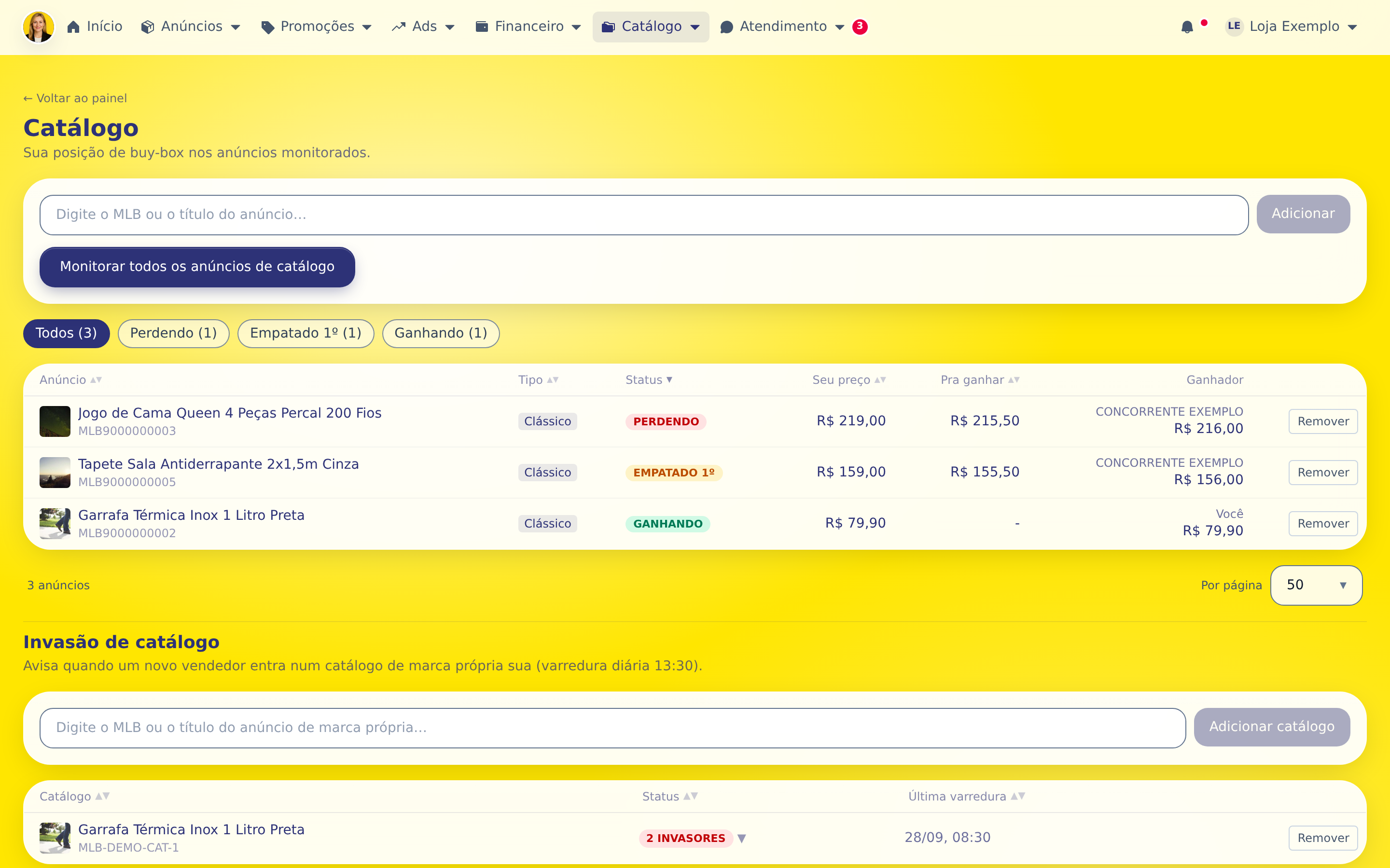 Passo 1: A tabela mostra cada anúncio monitorado com o status de hoje (ganhando, perdendo ou empatado em primeiro), o seu preço, o preço para ganhar e quem está com o buy-box.