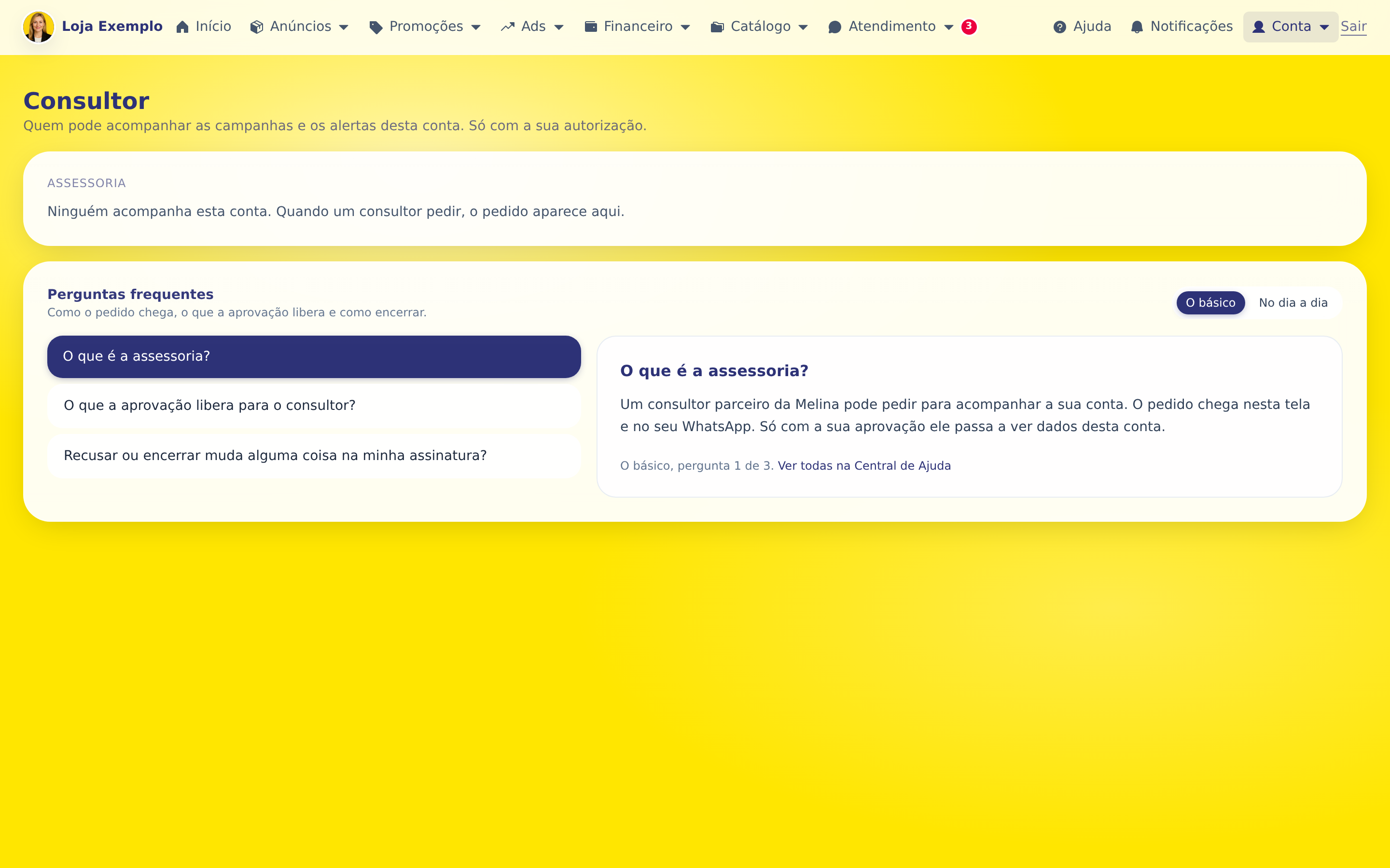 Passo 1: A tela mostra o pedido em aberto, se houver, e quem acompanha a conta hoje. Nesta conta ninguém acompanha.