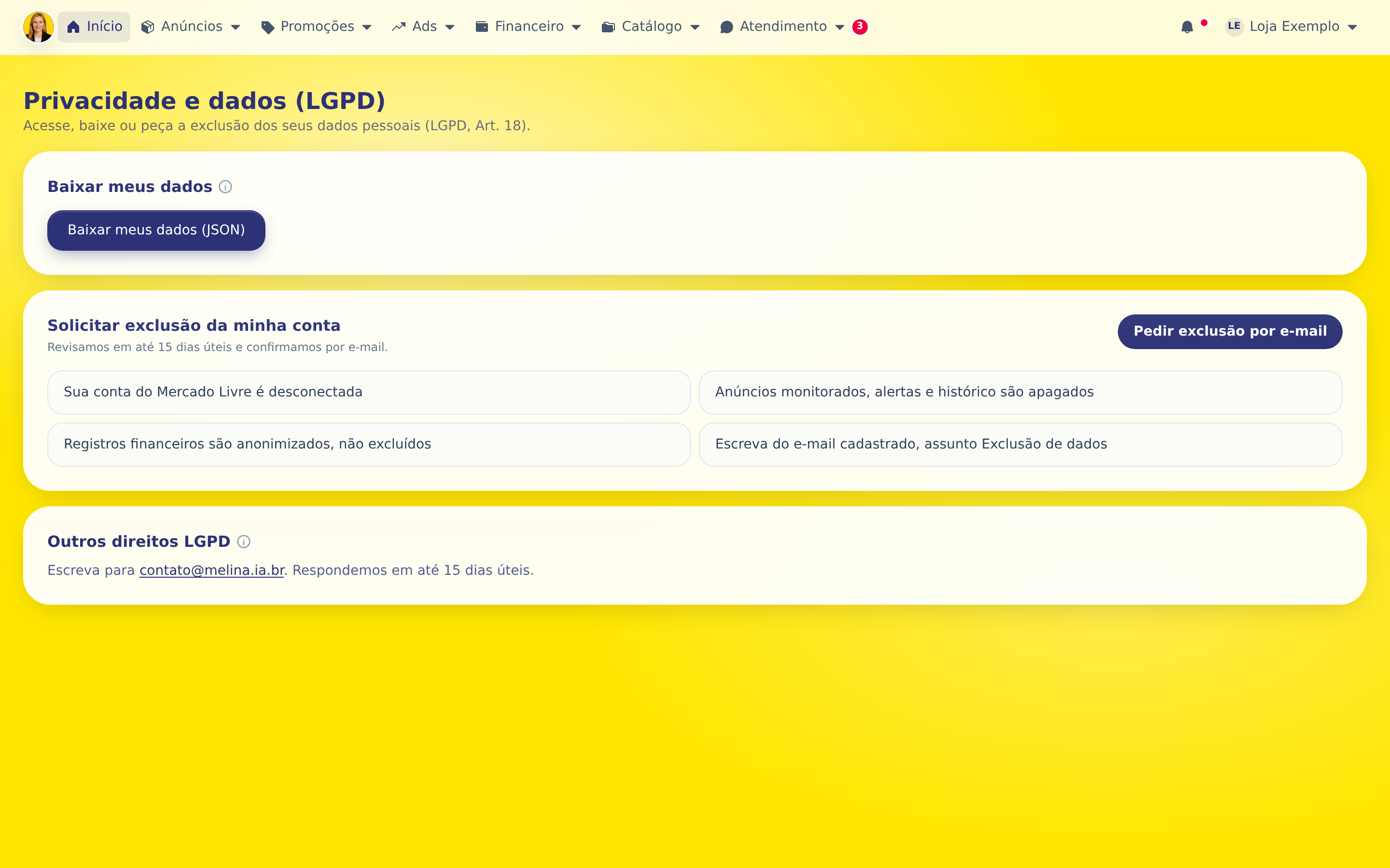 Passo 1: A página explica o que é guardado e por quanto tempo, e oferece o download dos dados e o caminho para pedir a exclusão.