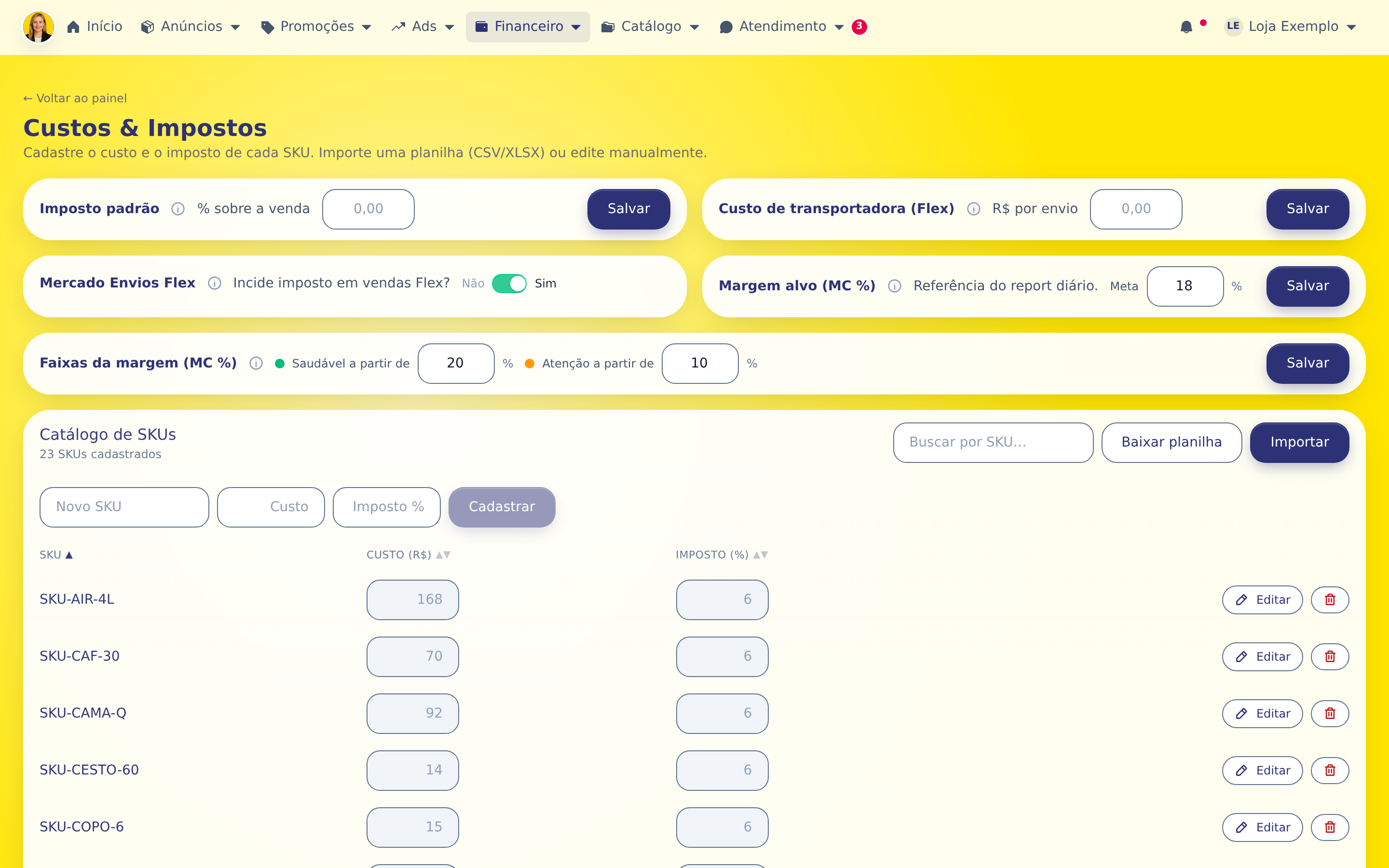 Passo 1: A tabela lista os SKUs com custo e imposto cadastrados. A busca filtra por SKU.