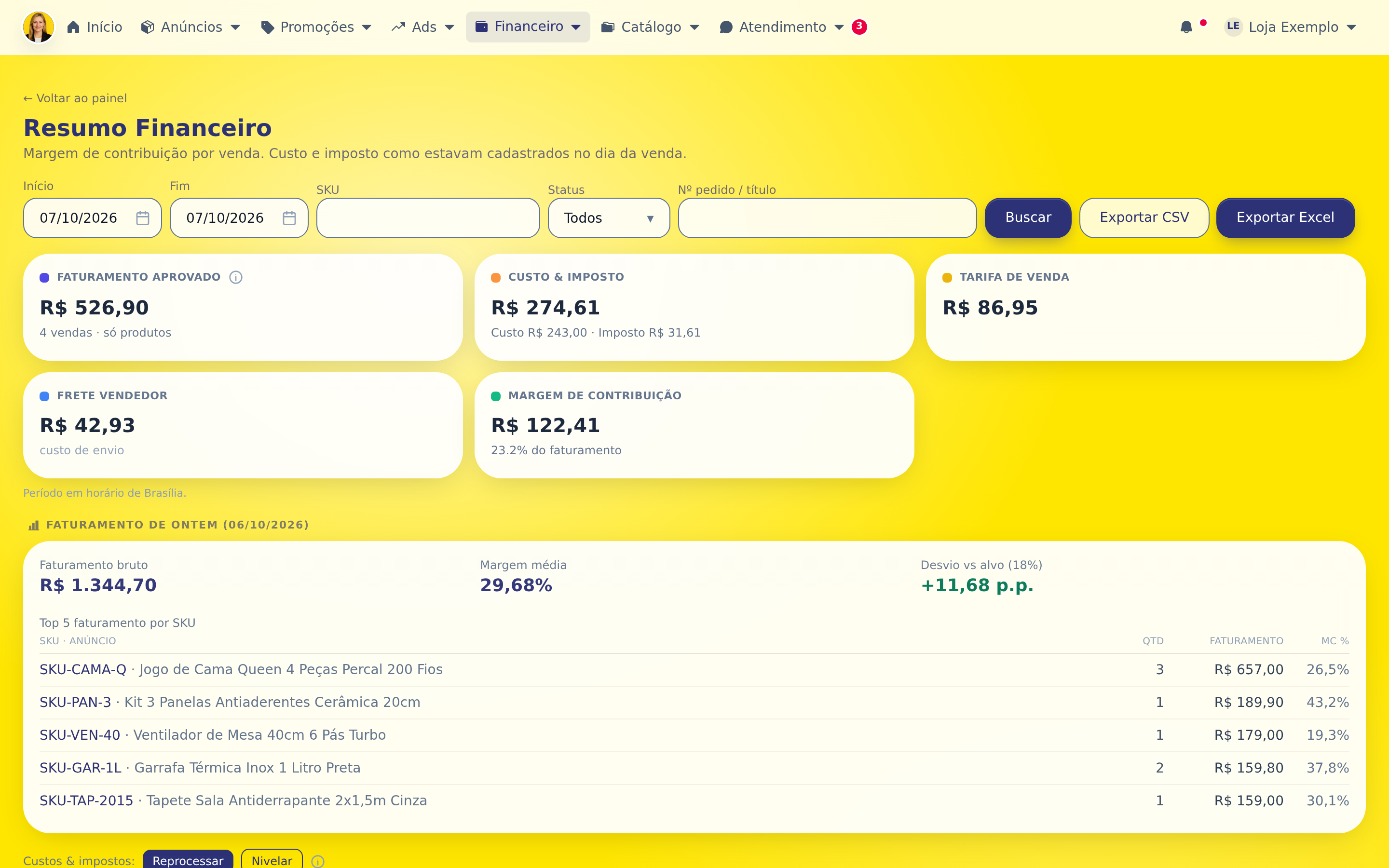 Passo 1: A tela abre no dia de hoje. Os filtros ficam no topo e os totais logo abaixo.