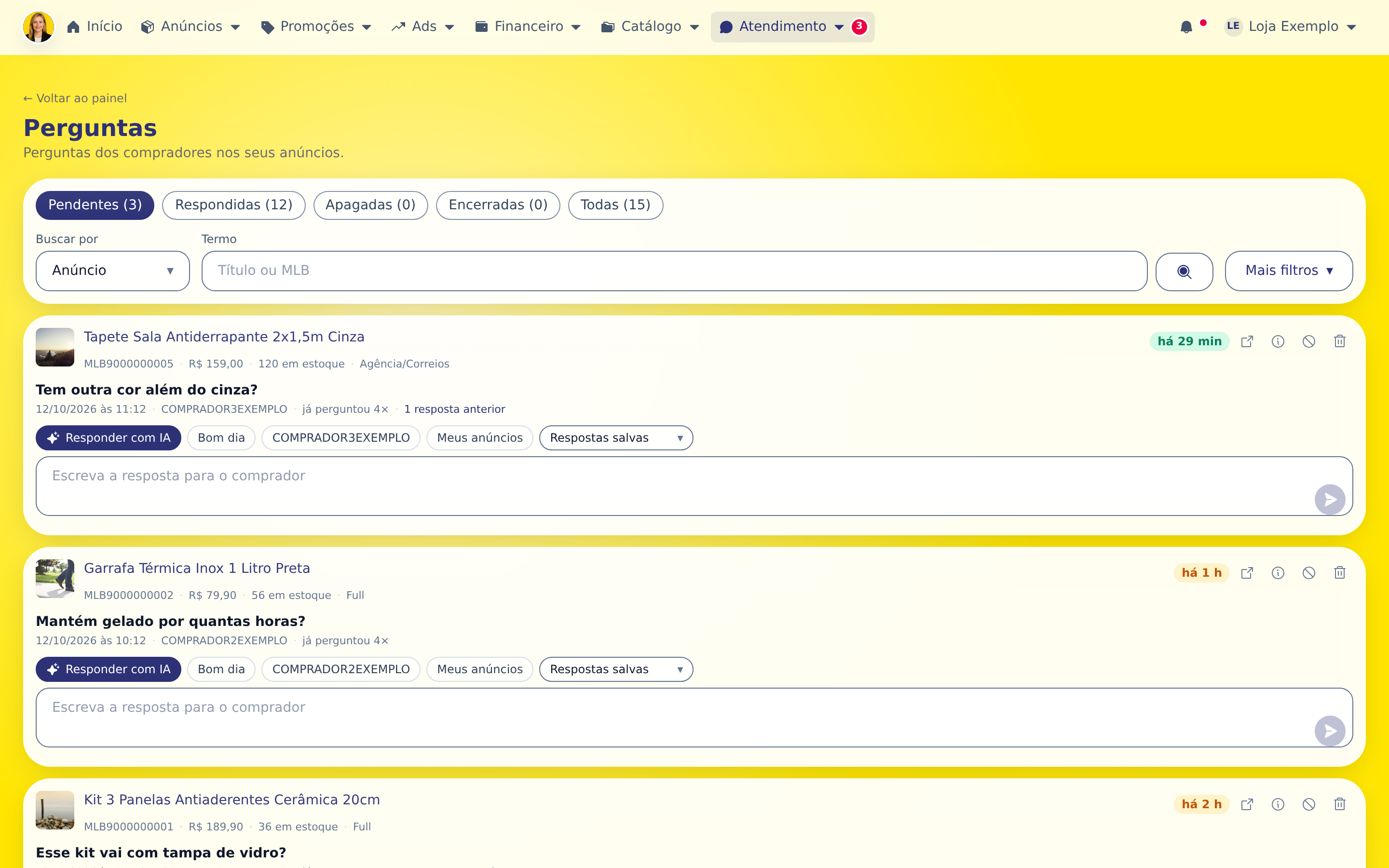 Passo 1: A lista abre em Pendentes. O número no menu Atendimento é a contagem de perguntas sem resposta.
