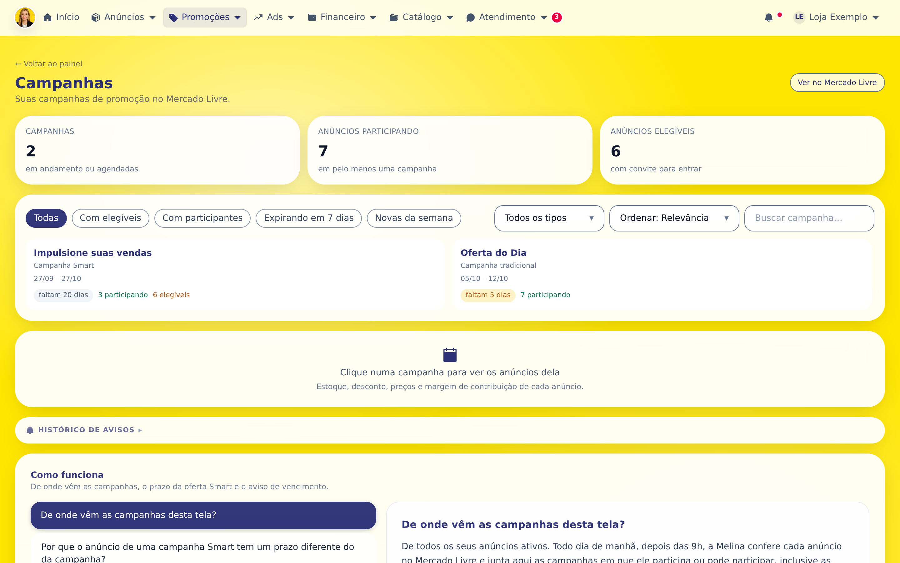 Passo 1: Cada card é uma campanha ativa no Mercado Livre. Os números mostram quantos anúncios seus participam e quantos são elegíveis.